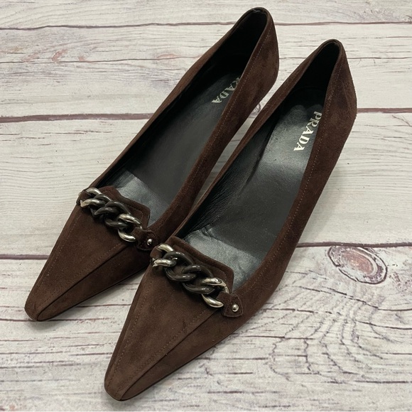 Prada Vintage Suede Chain Front Kitten Heel Brown Size 41 = US 11 - Picture 1 of 8